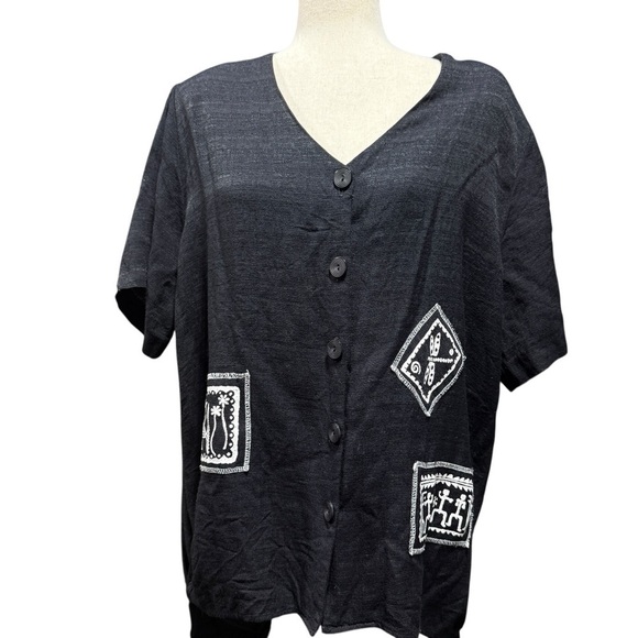 Katherine Bishop Tops - Vintage Folk Tribal Art Button Up Black Shirt Size XL * Travel Artsy Resort Wear